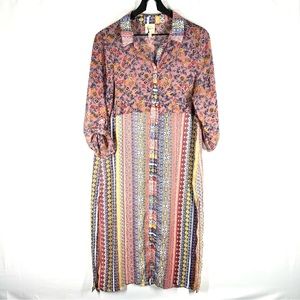 Fig and Flower Maxi Dress Boho Striped Floral Pink Sheer Button Down L
